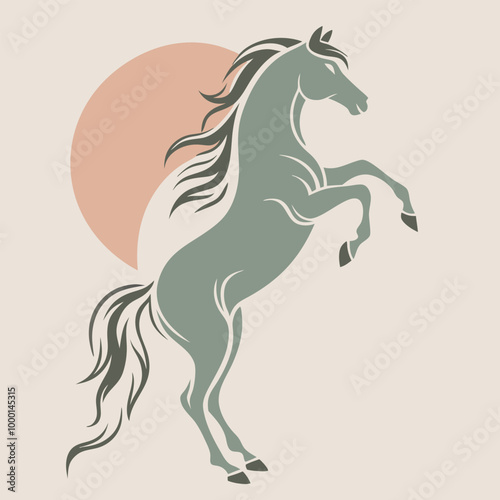 a black and white silhouette of a horse rearing up on its hind legs. The horse appears to be in mid-stride,