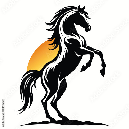 a black and white silhouette of a horse rearing up on its hind legs. The horse appears to be in mid-stride,