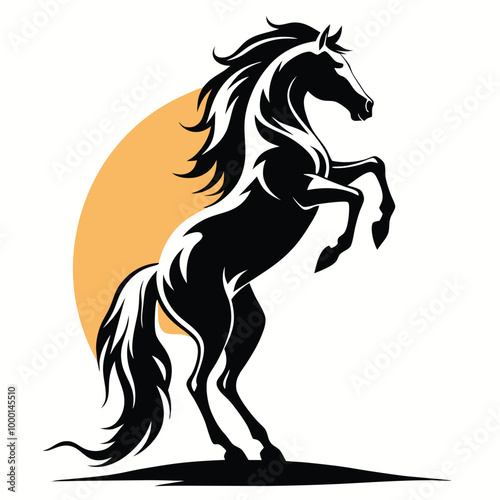 a black and white silhouette of a horse rearing up on its hind legs. The horse appears to be in mid-stride,