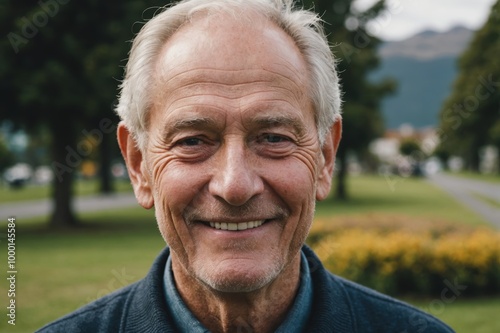 Close portrait of a smiling senior New Zealander man looking at the camera, New Zealander outdoors blurred background photo