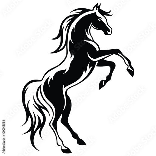 a black and white silhouette of a horse rearing up on its hind legs. The horse appears to be in mid-stride,