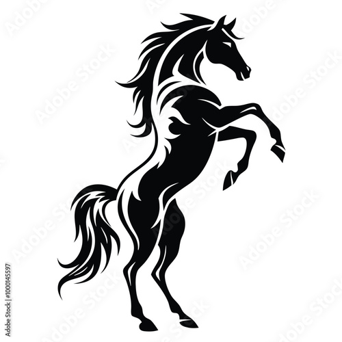 a black and white silhouette of a horse rearing up on its hind legs. The horse appears to be in mid-stride,