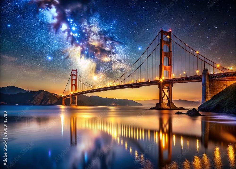 Naklejka premium Majestic Golden Gate Bridge Illuminated at Night with Night Sky and Reflections in the Water