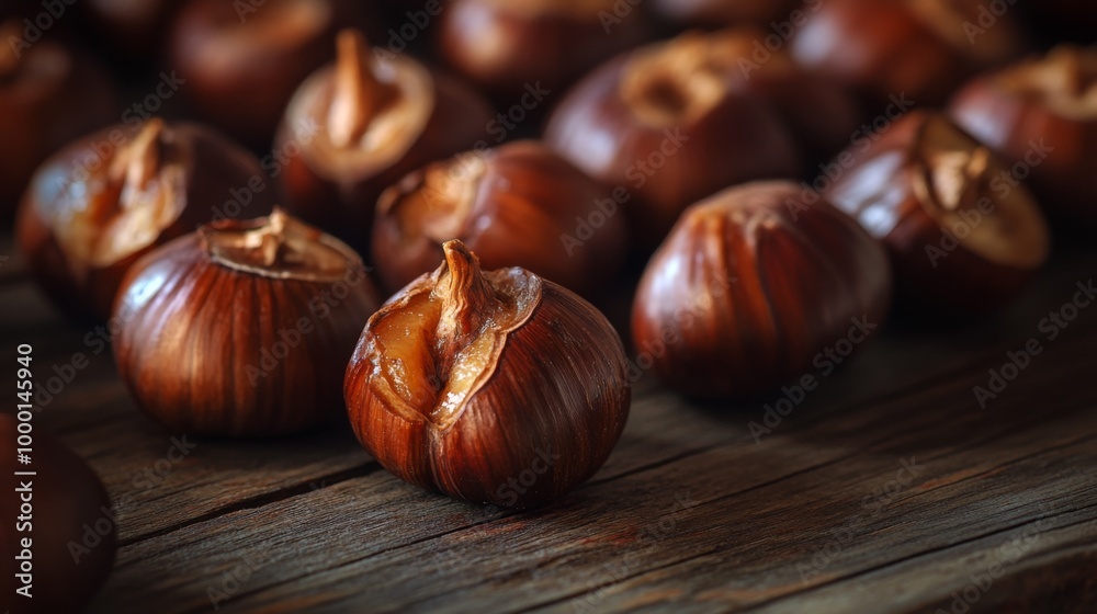 Obraz premium A close-up of roasted chestnuts displayed on a rustic wooden table, with their glossy shells slightly cracked, highlighting their warm and inviting appearance.