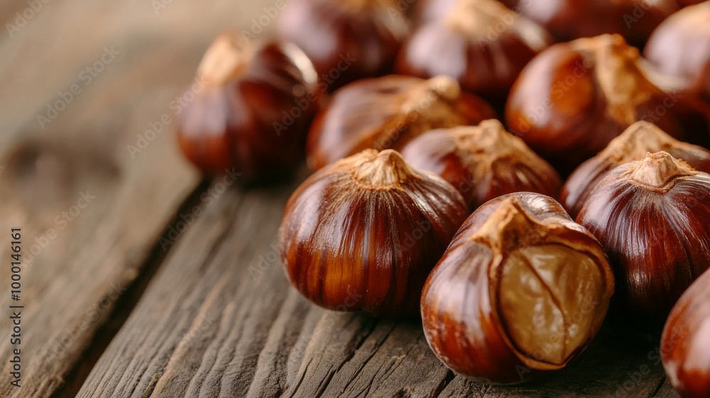 Obraz premium A close-up of roasted chestnuts displayed on a rustic wooden table, with their glossy shells slightly cracked, highlighting their warm and inviting appearance.