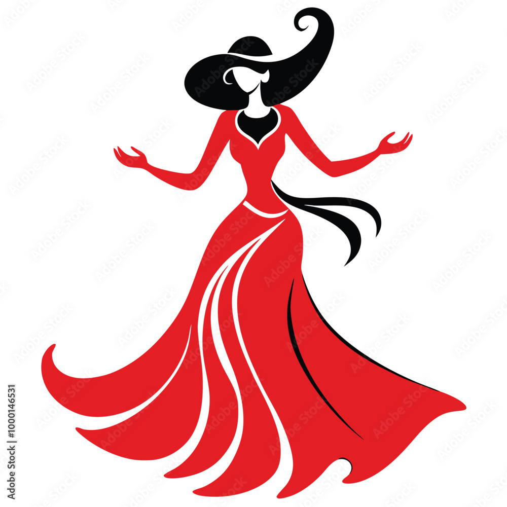 Fototapeta premium a graphic illustration of a woman in a red dress. The woman is in a graceful pose, 