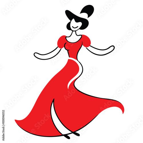 a graphic illustration of a woman in a red dress. The woman is in a graceful pose, 
