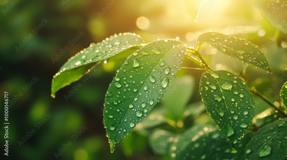 A close-up of vibrant green leaves with delicate dew drops clinging to their surface, glistening in the morning light against a blurred background.