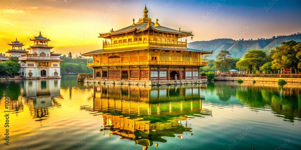 Obraz premium Majestic Golden Temple Reflections in Water Surrounded by Scenic Architecture and Lush Greenery