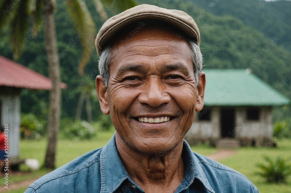 Close portrait of a smiling senior Palauan man looking at the camera, Palauan outdoors blurred background Close portrait of a smiling senior Palauan man looking at the camera, Palauan outdoors blurred background