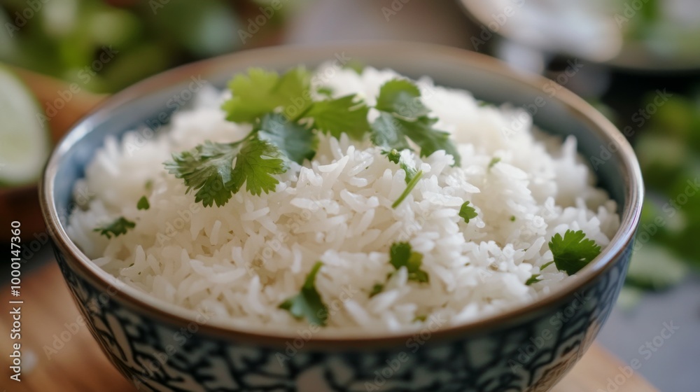 A close-up shot of a bowl filled with fluffy jasmine rice, perfectly steamed and garnished with fresh cilantro, showcasing its aromatic texture and inviting appearance. A close-up shot of a bowl filled with fluffy jasmine rice, perfectly steamed and garnished with fresh cilantro, showcasing its aromatic texture and inviting appearance.