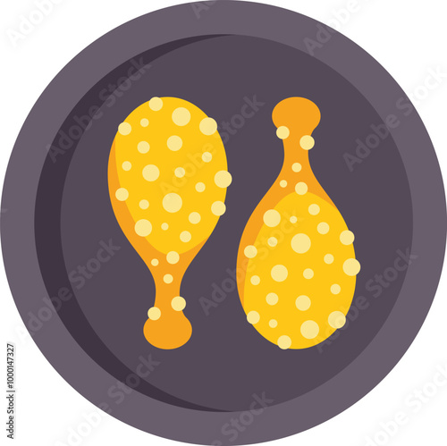 Two chicken legs fried in breadcrumbs lying on plate, top view isolated on white background
