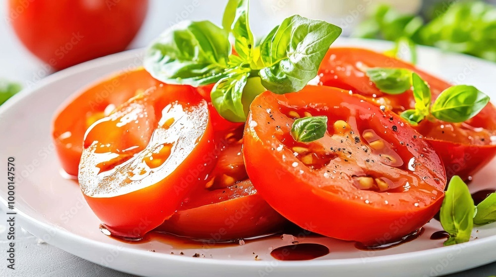 Fresh Tomato Salad with Basil Leaves and Balsamic Dressing on White Plate Fresh Tomato Salad with Basil Leaves and Balsamic Dressing on White Plate