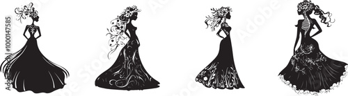 Elegant Catrina Silhouette in Black and White Illustration