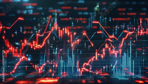 Dynamic abstract financial data visualization featuring glowing red and blue charts with numerical elements against a dark backdrop