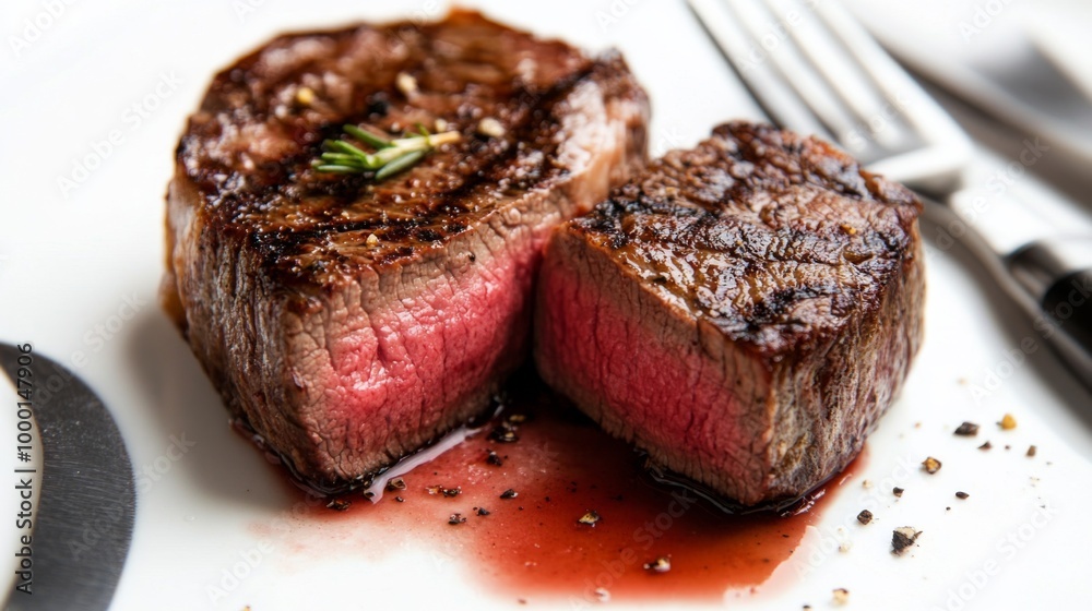 A close-up shot of a juicy steak cut in half, revealing a tender pink center, with the knife and fork positioned elegantly beside it on a white background. A close-up shot of a juicy steak cut in half, revealing a tender pink center, with the knife and fork positioned elegantly beside it on a white background.