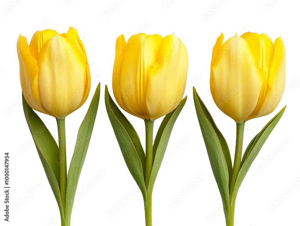 Three yellow tulips side by side, their petals slightly open, solated on transparent background, PNG file with soft lighting Three yellow tulips side by side, their petals slightly open, solated on transparent background, PNG file with soft lighting