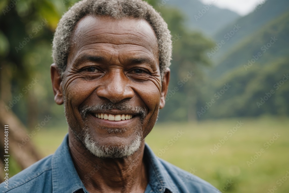 Close portrait of a smiling senior Papua New Guinean man looking at the camera, Papua New Guinean outdoors blurred background Close portrait of a smiling senior Papua New Guinean man looking at the camera, Papua New Guinean outdoors blurred background