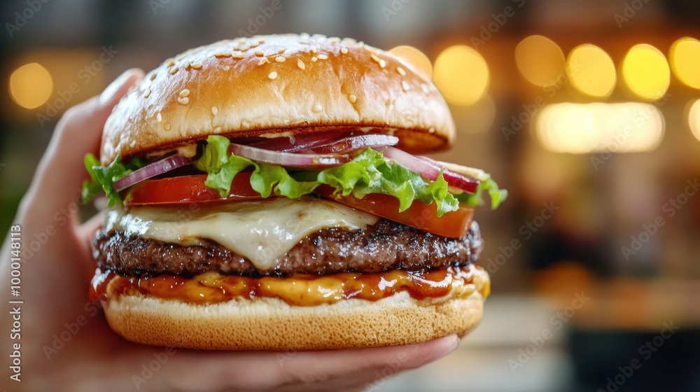 Delicious Cheeseburger with Fresh Toppings on Wooden Surface