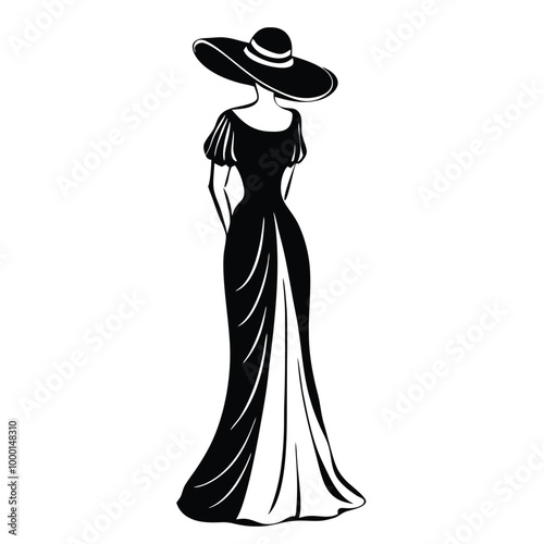 black and white line drawing of a woman wearing a long, flowing dress and a large hat 
