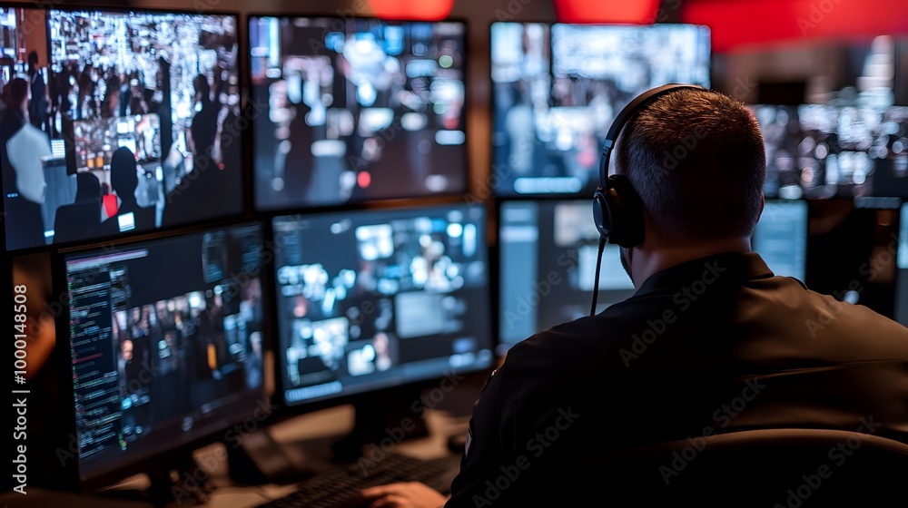 Man monitoring multiple computer screens in a high-tech data center or control room,with advanced technology and digital dashboards for Man monitoring multiple computer screens in a high-tech data center or control room,with advanced technology and digital dashboards for