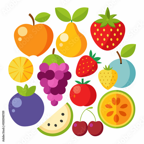 A picture of fruits and vegetables with a picture of a fruit on it . Flat fruits icons set. Colorful flat design concepts for web banners VECTOR