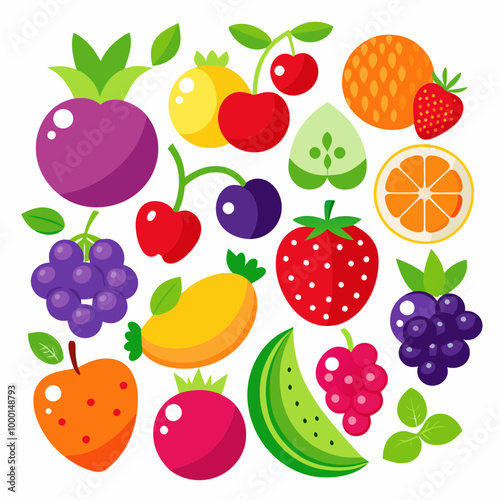 A picture of fruits and vegetables with a picture of a fruit on it . Flat fruits icons set. Colorful flat design concepts for web banners VECTOR