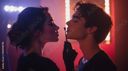 Passionate embrace of a romantic couple in an intimate moment under the soft glow of lights