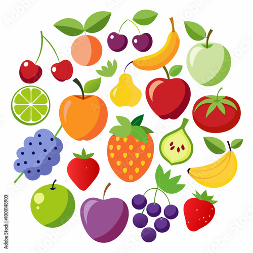 A picture of fruits and vegetables with a picture of a fruit on it . Flat fruits icons set. Colorful flat design concepts for web banners VECTOR