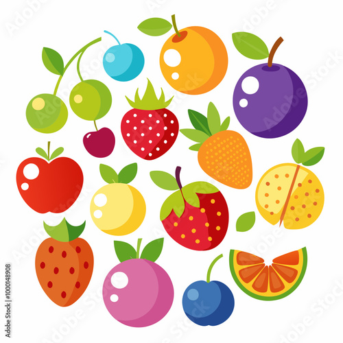 A picture of fruits and vegetables with a picture of a fruit on it . Flat fruits icons set. Colorful flat design concepts for web banners VECTOR