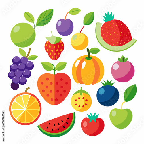 A picture of fruits and vegetables with a picture of a fruit on it . Flat fruits icons set. Colorful flat design concepts for web banners VECTOR