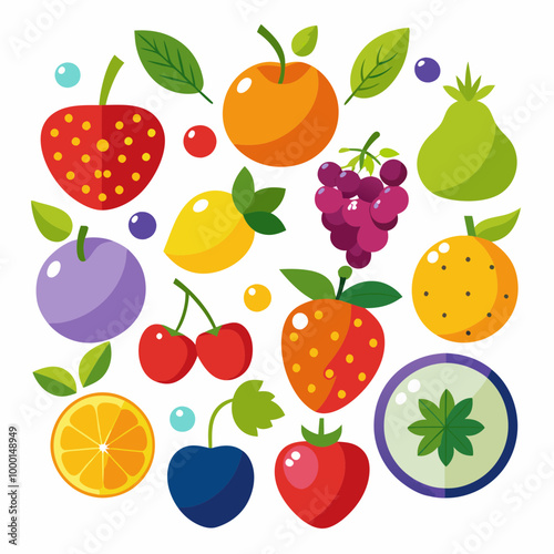 A picture of fruits and vegetables with a picture of a fruit on it . Flat fruits icons set. Colorful flat design concepts for web banners VECTOR