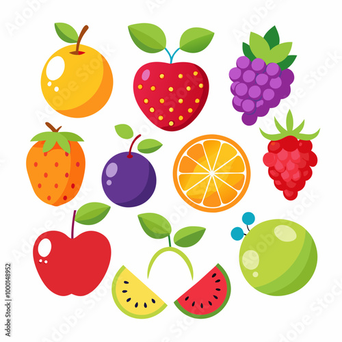 A picture of fruits and vegetables with a picture of a fruit on it . Flat fruits icons set. Colorful flat design concepts for web banners VECTOR