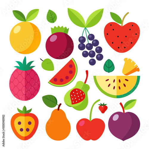 A picture of fruits and vegetables with a picture of a fruit on it . Flat fruits icons set. Colorful flat design concepts for web banners VECTOR