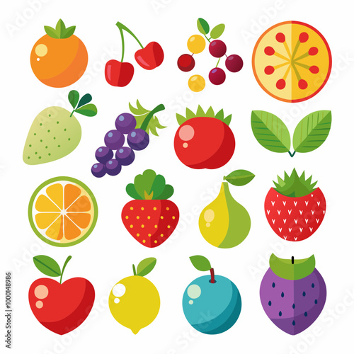 A picture of fruits and vegetables with a picture of a fruit on it . Flat fruits icons set. Colorful flat design concepts for web banners VECTOR