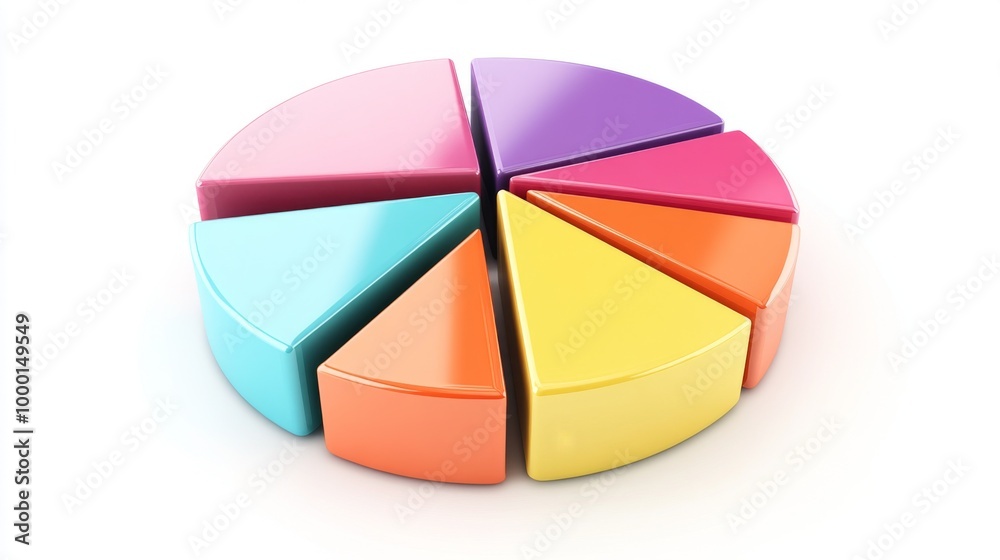 Obraz premium A colorful 3D pie chart with multiple segments, each section raised slightly to emphasize data distribution, set against a clean white background.