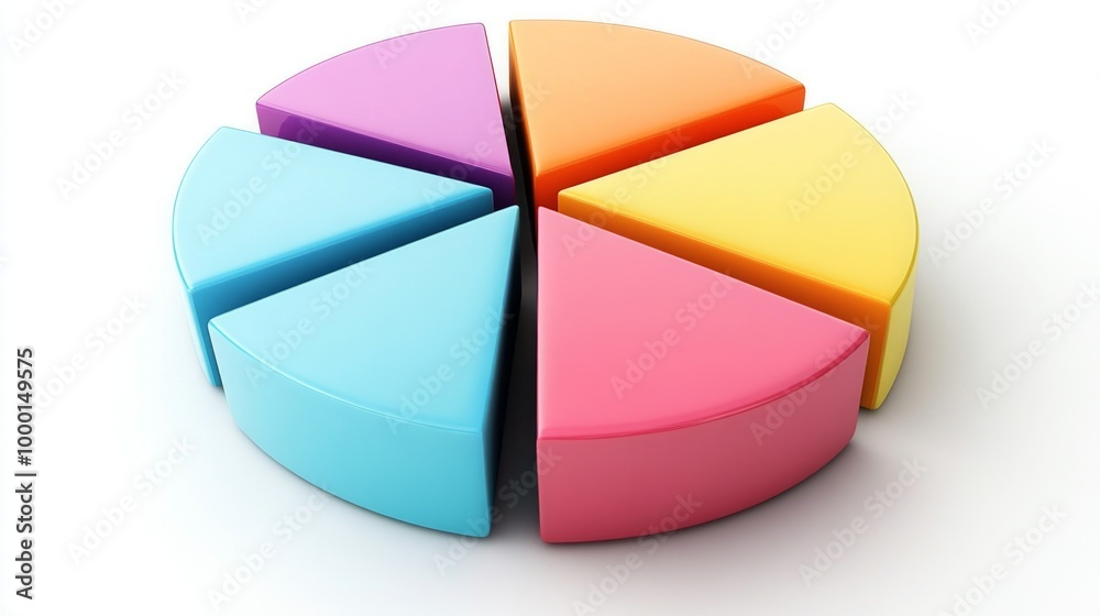 Obraz premium A colorful 3D pie chart with multiple segments, each section raised slightly to emphasize data distribution, set against a clean white background.
