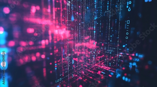 Wallpaper Mural Abstract digital data stream of binary code in neon blue and red colors. Torontodigital.ca