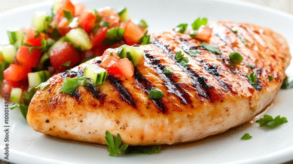 Grilled Salmon Fillet Served on Plate with Fresh Vegetable Salad Grilled Salmon Fillet Served on Plate with Fresh Vegetable Salad