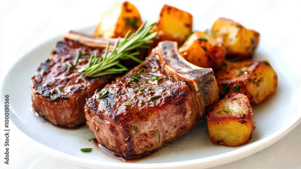 Seared Ribeye Steak with Roasted Potatoes and Herb Garnish on White Plate Seared Ribeye Steak with Roasted Potatoes and Herb Garnish on White Plate