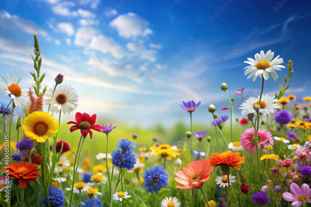 A vibrant field of wildflowers blooms under a bright blue sky, showcasing nature's beauty in full colors during a sunny afternoon. Generative AI A vibrant field of wildflowers blooms under a bright blue sky, showcasing nature's beauty in full colors during a sunny afternoon. Generative AI