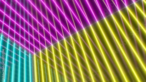 Inside Abstract CMYK Colored Neon Glow Line Cube Mirror Room Rotating - Abstract Background Texture