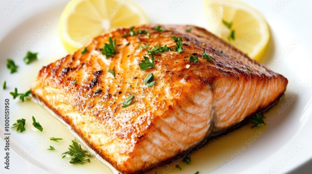 Grilled Salmon Fillet Served on Plate with Lemon and Herbs Grilled Salmon Fillet Served on Plate with Lemon and Herbs