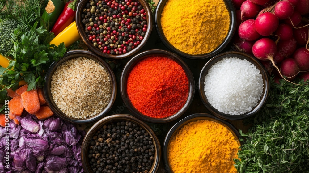 A colorful flat lay of various spices and salts in decorative bowls, surrounded by fresh vegetables and herbs, showcasing the beauty of culinary ingredients. A colorful flat lay of various spices and salts in decorative bowls, surrounded by fresh vegetables and herbs, showcasing the beauty of culinary ingredients.