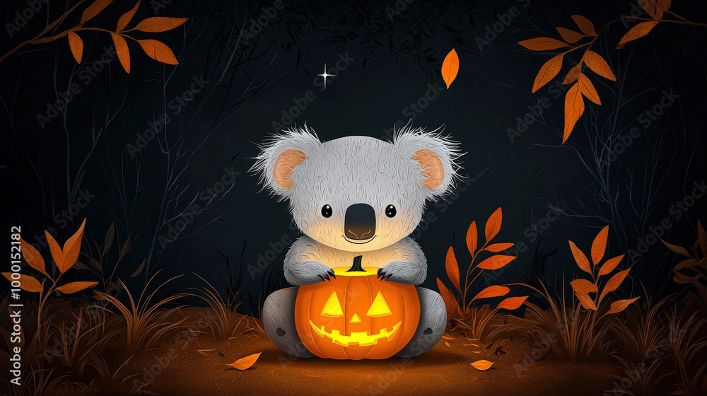 Cute koala with a pumpkin, surrounded by autumn leaves, on a dark background.