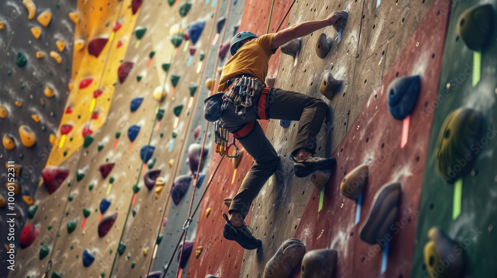 Fototapeta premium Indoor Rock Climber Scaling Colorful Climbing Wall in Modern Gym with Safety Gear and Harness