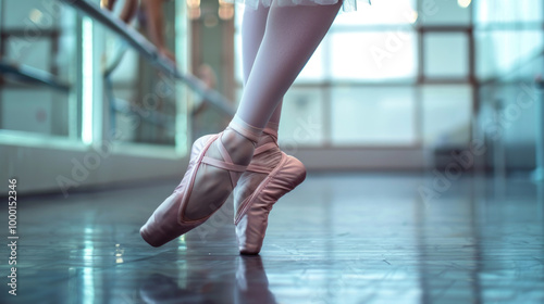 Graceful Ballet Dancer on Pointe in Studio with Soft Lighting and Reflective Floor