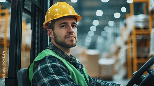A warehouse worker operating a forklift in a busy industrial setting