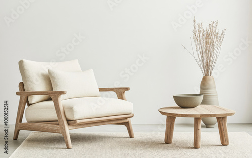 Cozy modern living room setup featuring a wooden chair and round table with decorative vase against a neutral backdrop