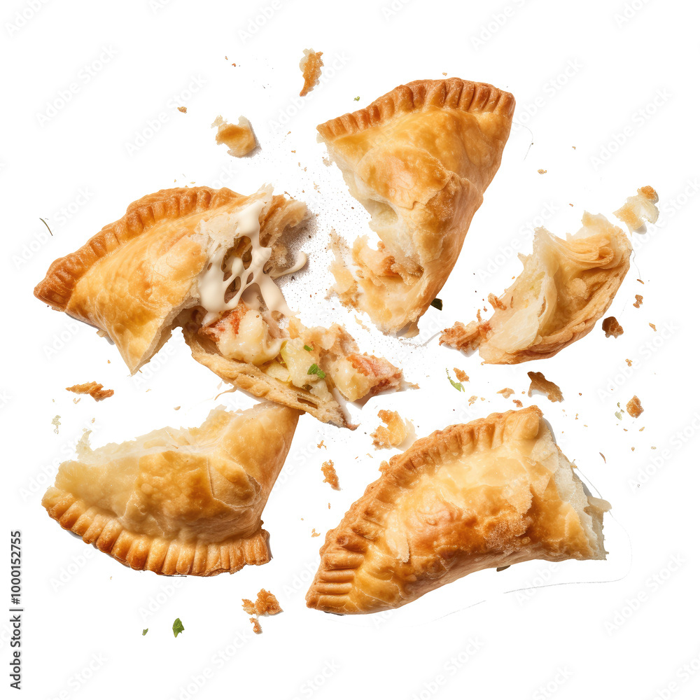 A variety of falling chicken empanadas with golden, flaky crusts on a, white background A variety of falling chicken empanadas with golden, flaky crusts on a, white background